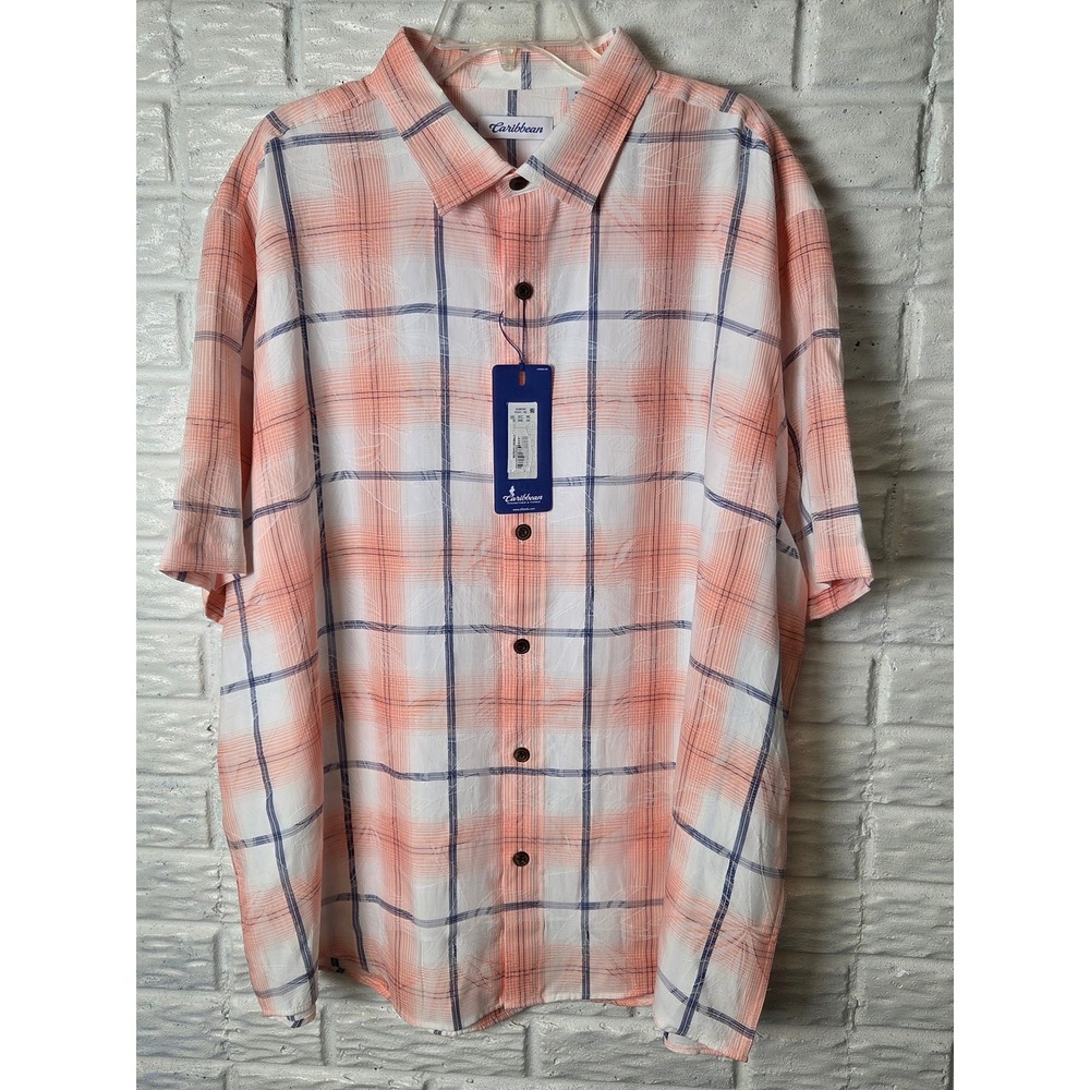 Men's size XXL Caribbean button up shirt Plaid Orange Blue Modal Polyester NWT